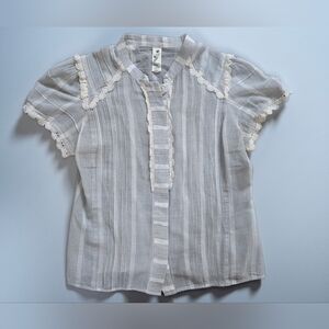 Floreat Cream & Light Gray Striped Crochet-Trim Short Sleeve Blouse